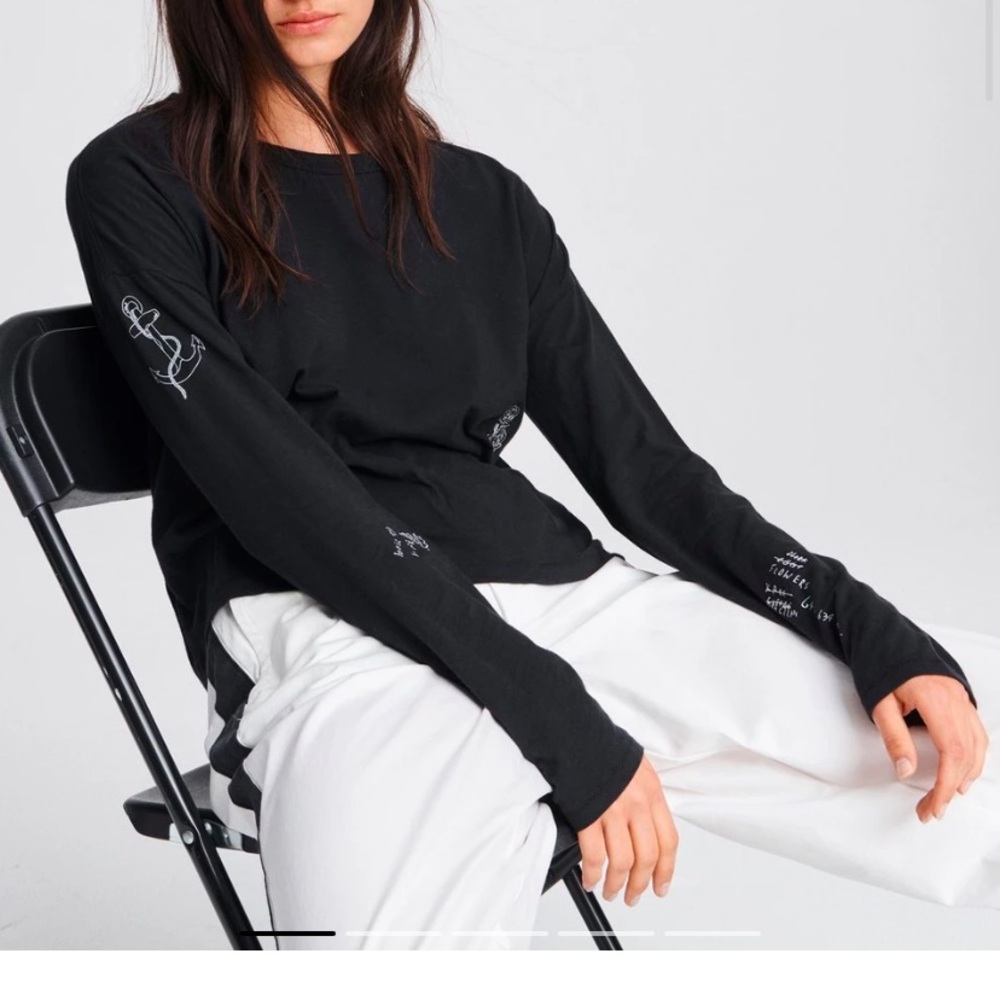 rag & bone tattoo Embroidery Long Sleeve Crop Cotton Tee